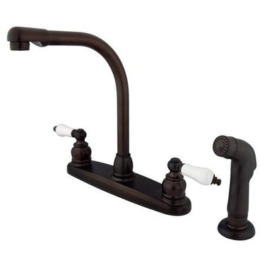 Kingston Brass GKB715SP Water Saving Victorian High Arch Kitchen Faucet with Oak & Porcelain Lever Handles and Sprayer, Oil Rubbed Bronze Kitchen Faucet Kingston Brass